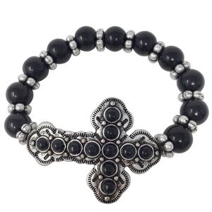 Sideways Cross Black Beaded Christian Stretch Bracelet